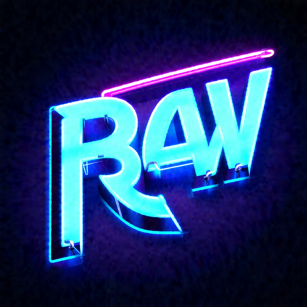 Neon sign that reads "raw