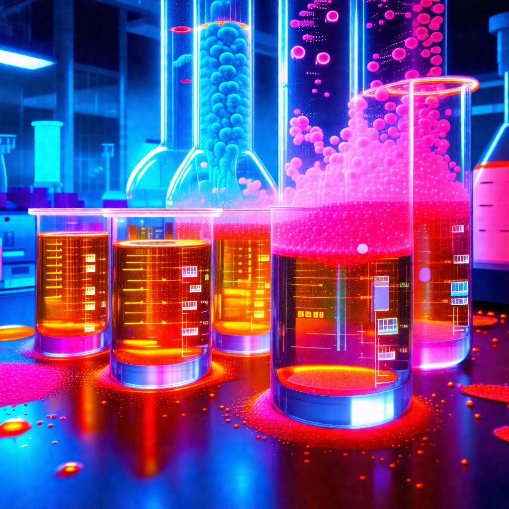 Laboratory setting with a row of five beakers filled with...
