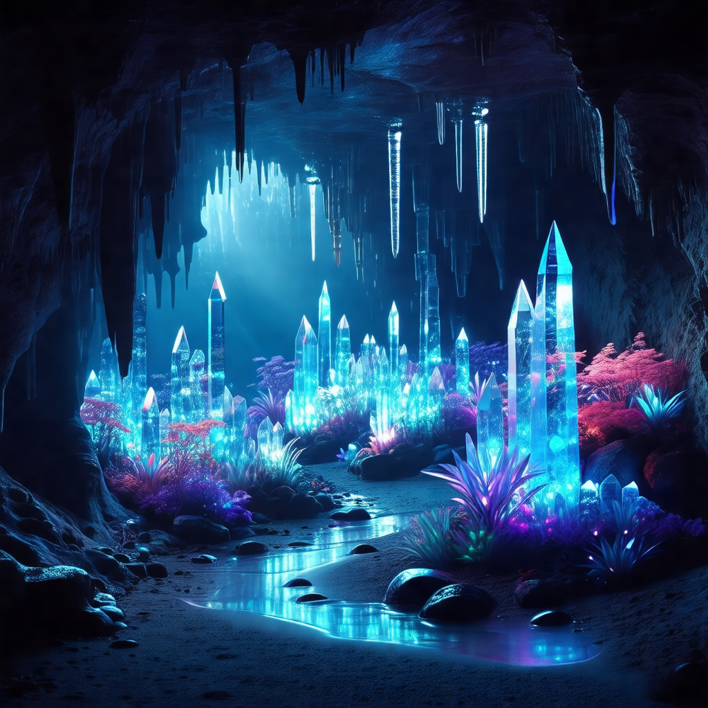 Digital painting of a cave with a river flowing through it