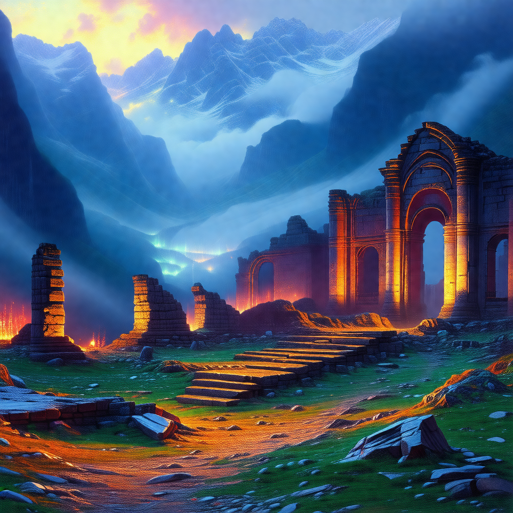 Painting of a mountainous landscape with a castle ruin in...