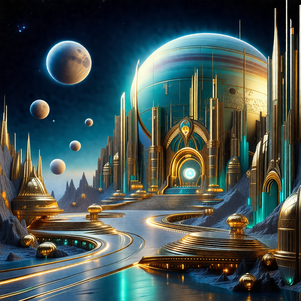 Futuristic painting featuring a large, blue, glass-like b...