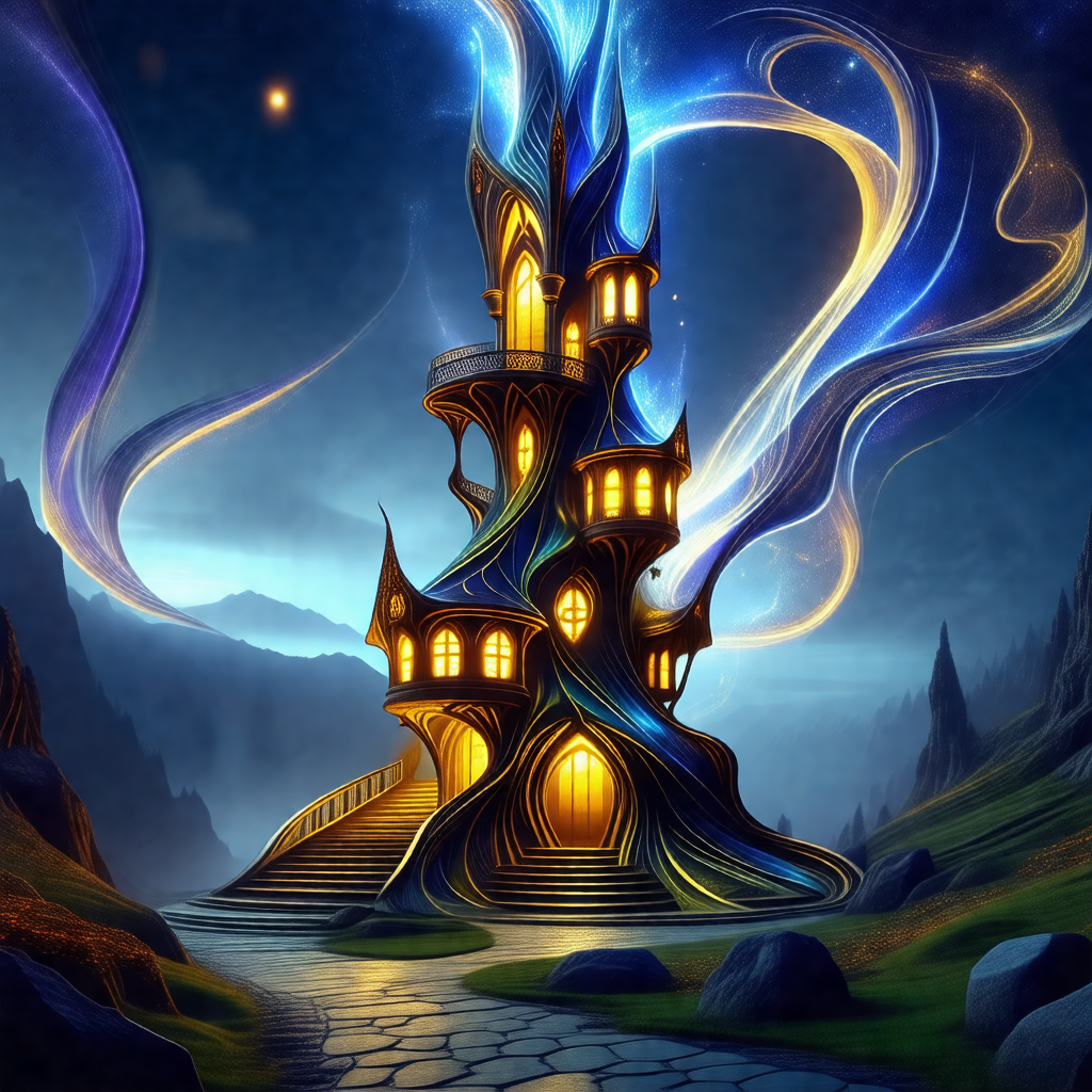 Large, colorful castle with a blue and yellow design