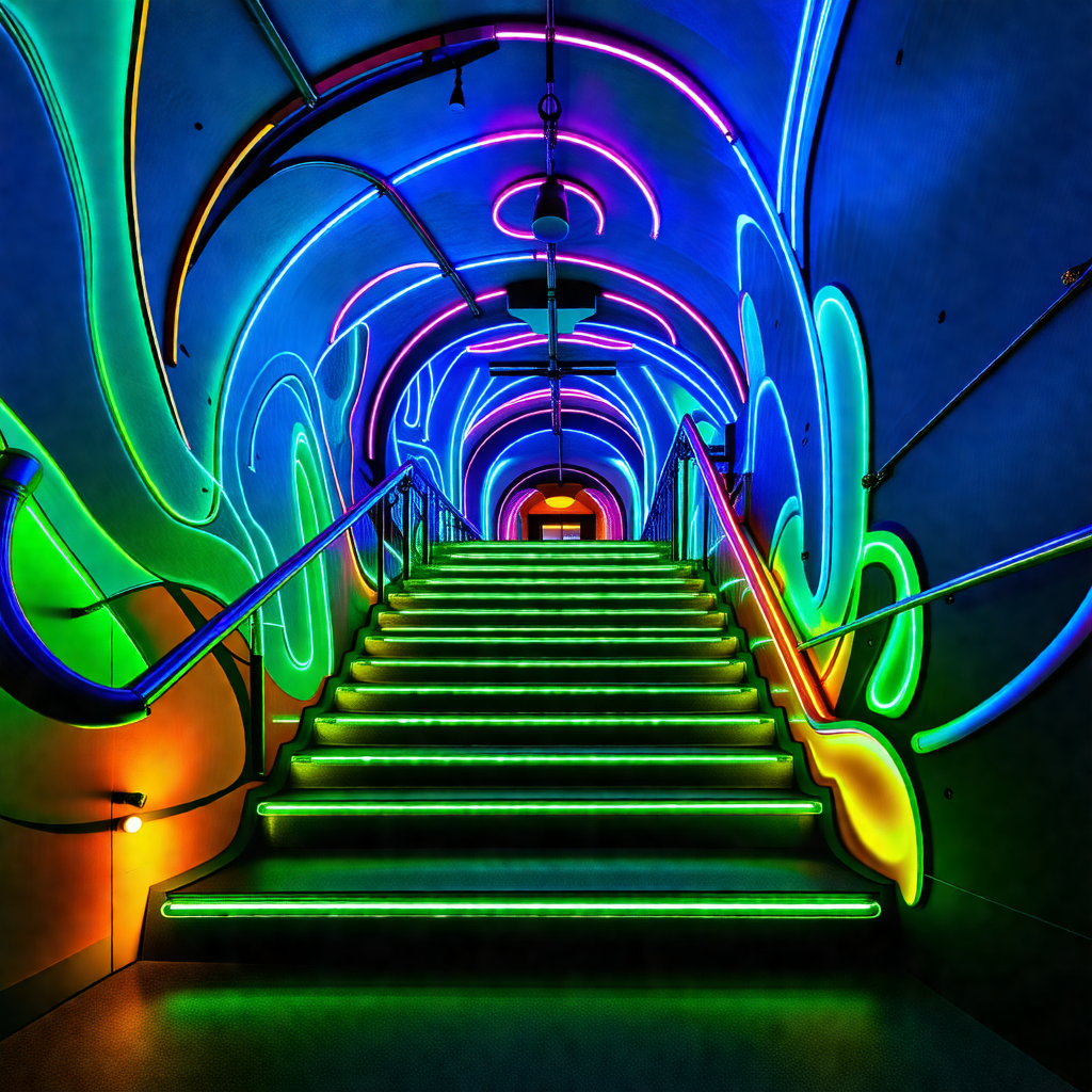 Staircase with a colorful lighting display