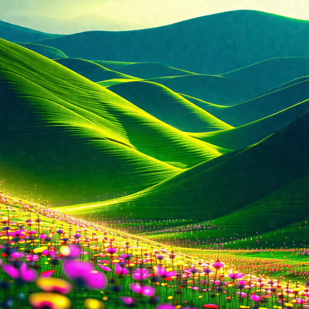 Painting of a lush green hillside with a beautiful mounta...