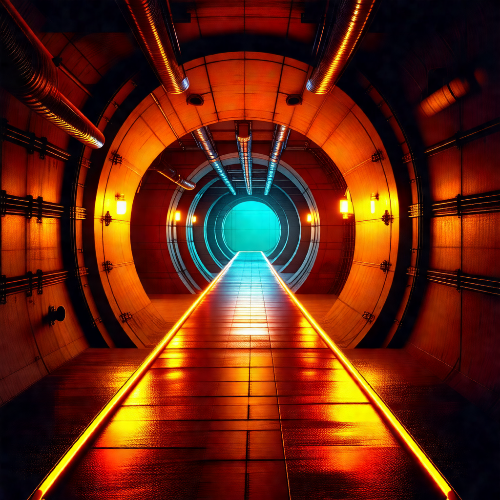 Futuristic tunnel with a brightly lit pathway