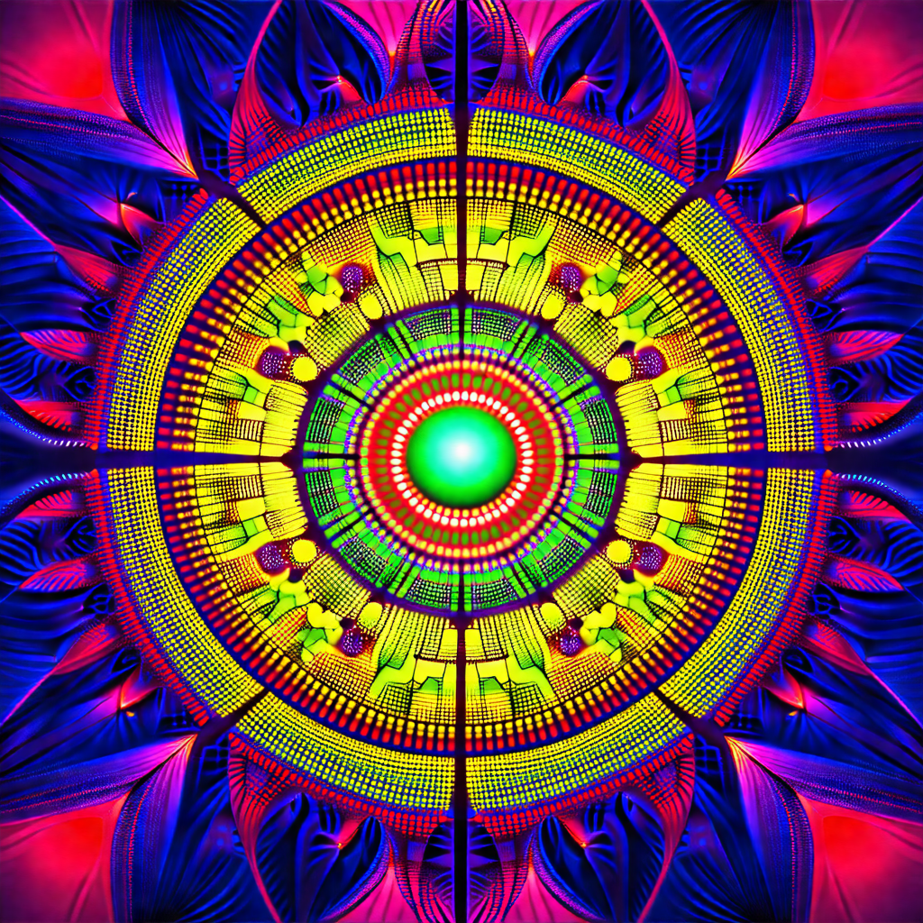Colorful, abstract artwork featuring a large, circular de...