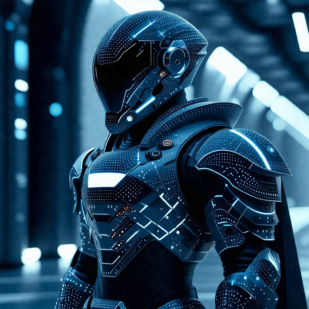 Man wearing a futuristic, high-tech suit