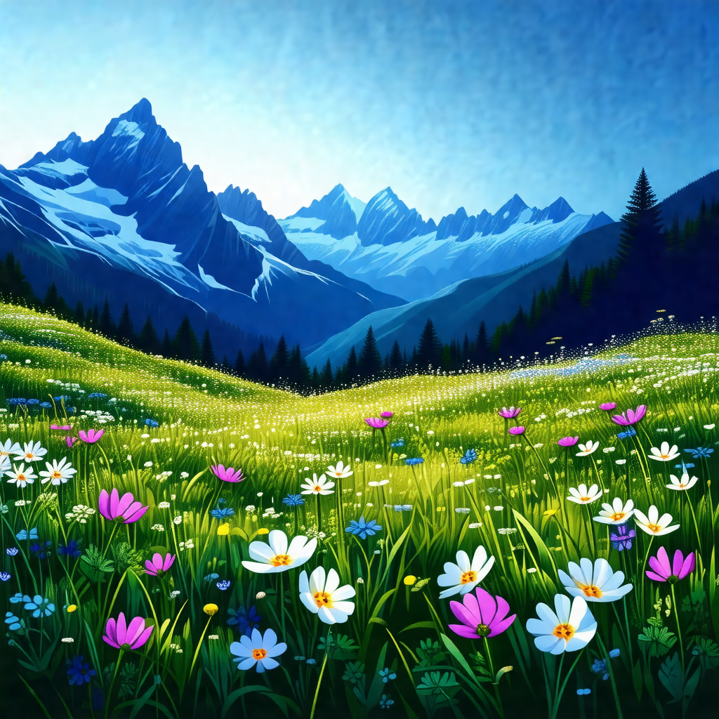 Beautiful, lush green field with a mountain range in the ...