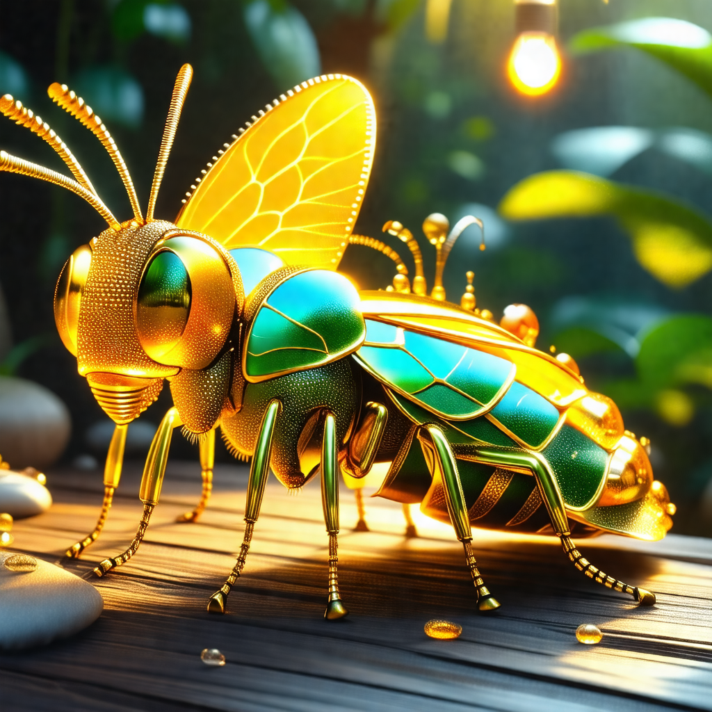 Gold and green dragonfly sitting on a wooden table
