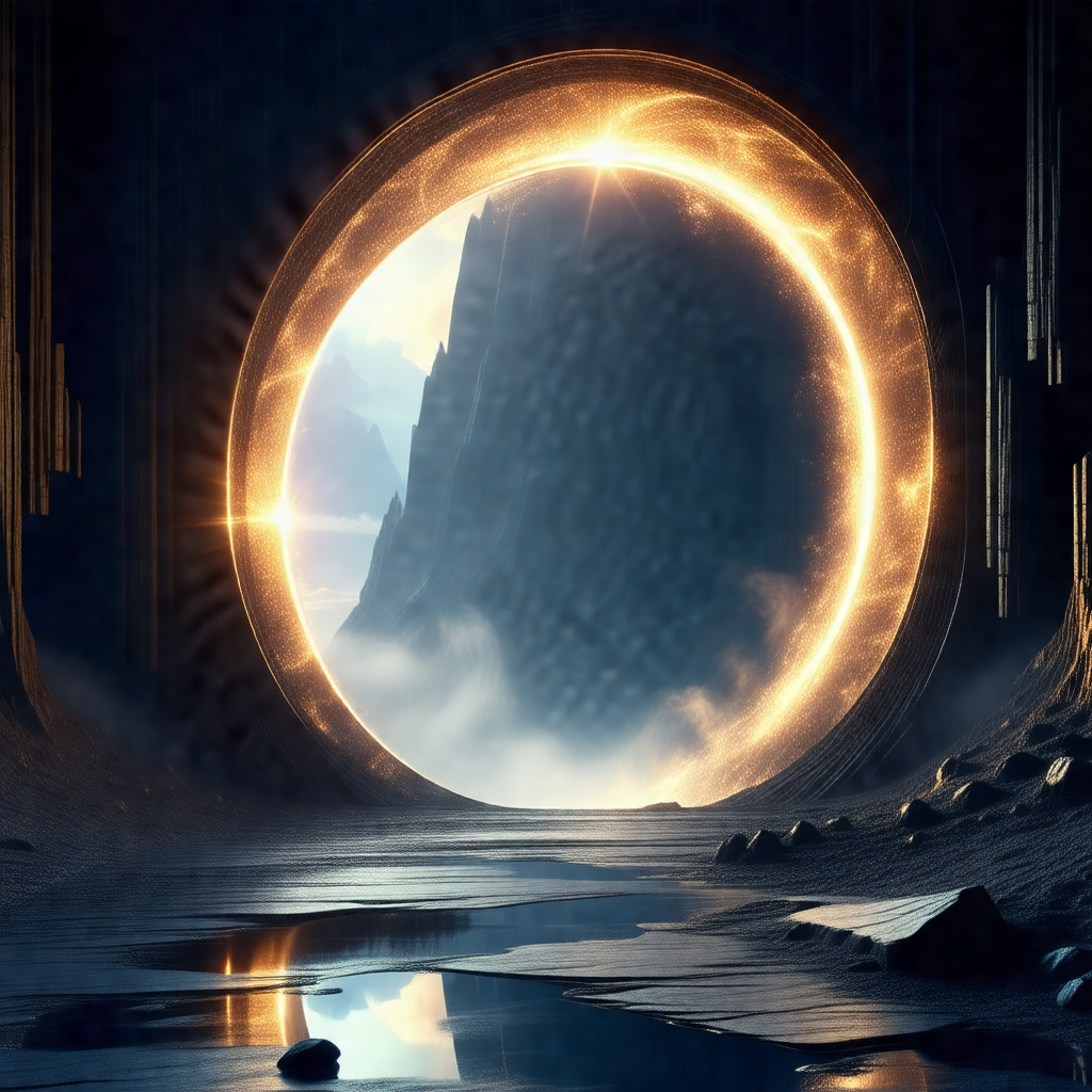 Large, circular, golden doorway with a blue background
