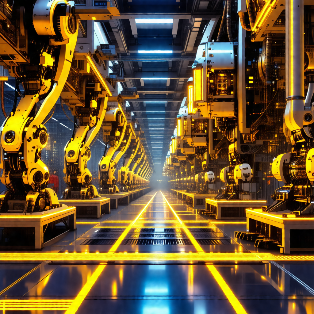 Factory with a long row of robots lined up, working toget...