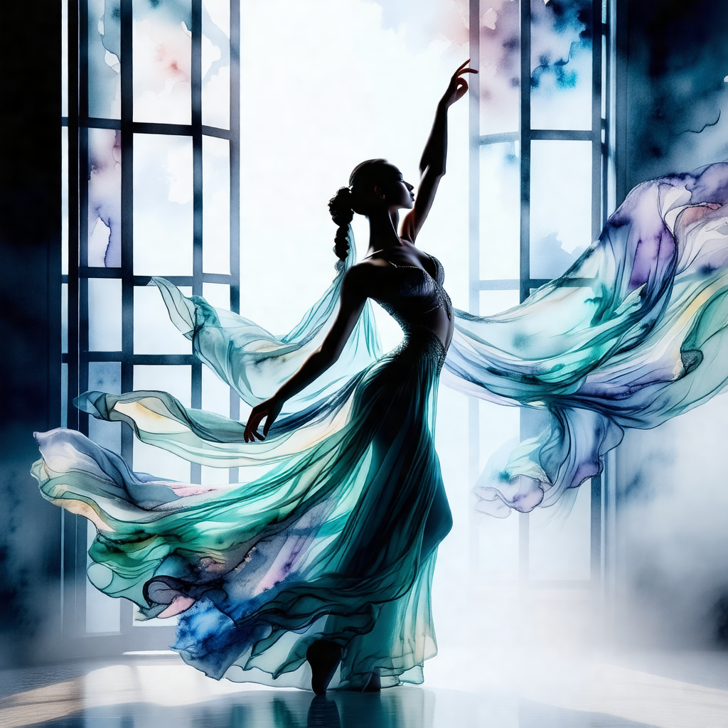 Woman in a flowing blue dress, gracefully dancing in a room
