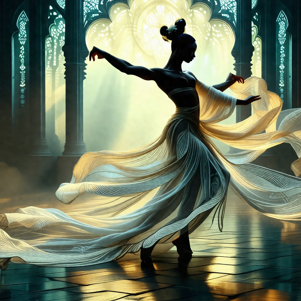 Woman in a white dress, gracefully dancing on a stage