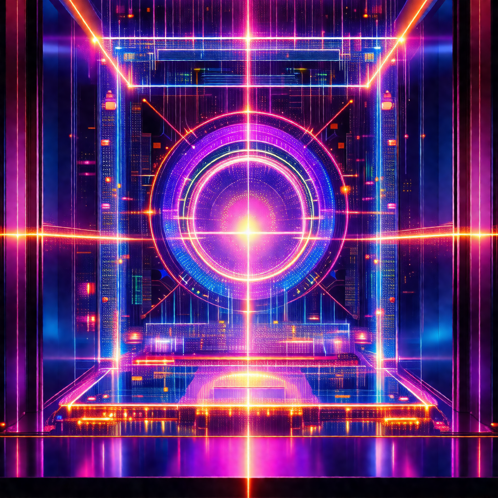 Futuristic scene with a large, purple, three-dimensional ...