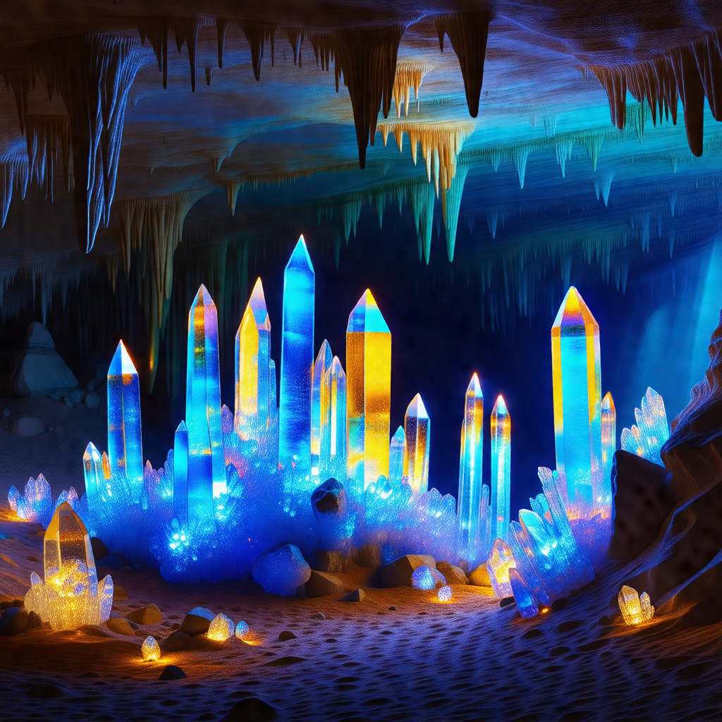 Cave with a large number of blue and yellow crystals