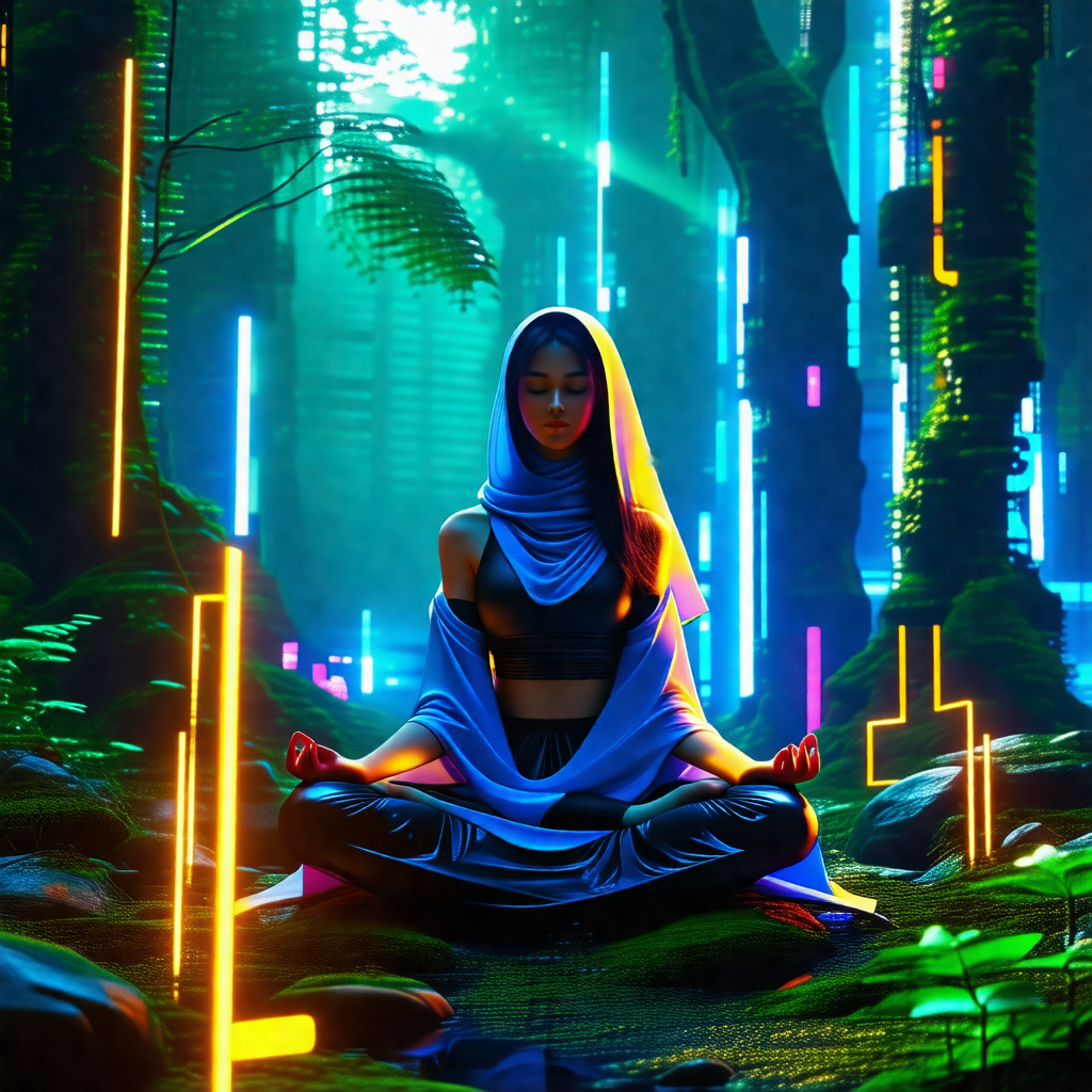 Woman sitting in a forest, surrounded by trees and a lush...