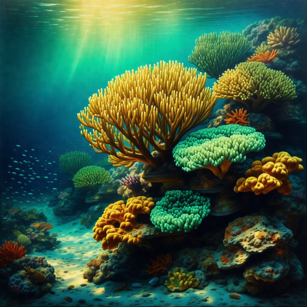 Vibrant underwater scene with a variety of colorful coral...