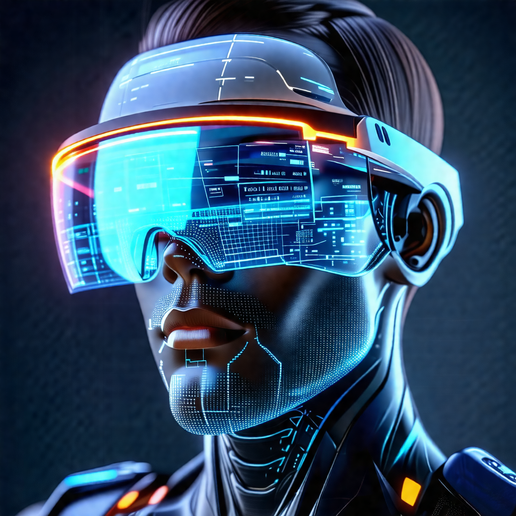 Futuristic robot with a human-like face, wearing a pair o...
