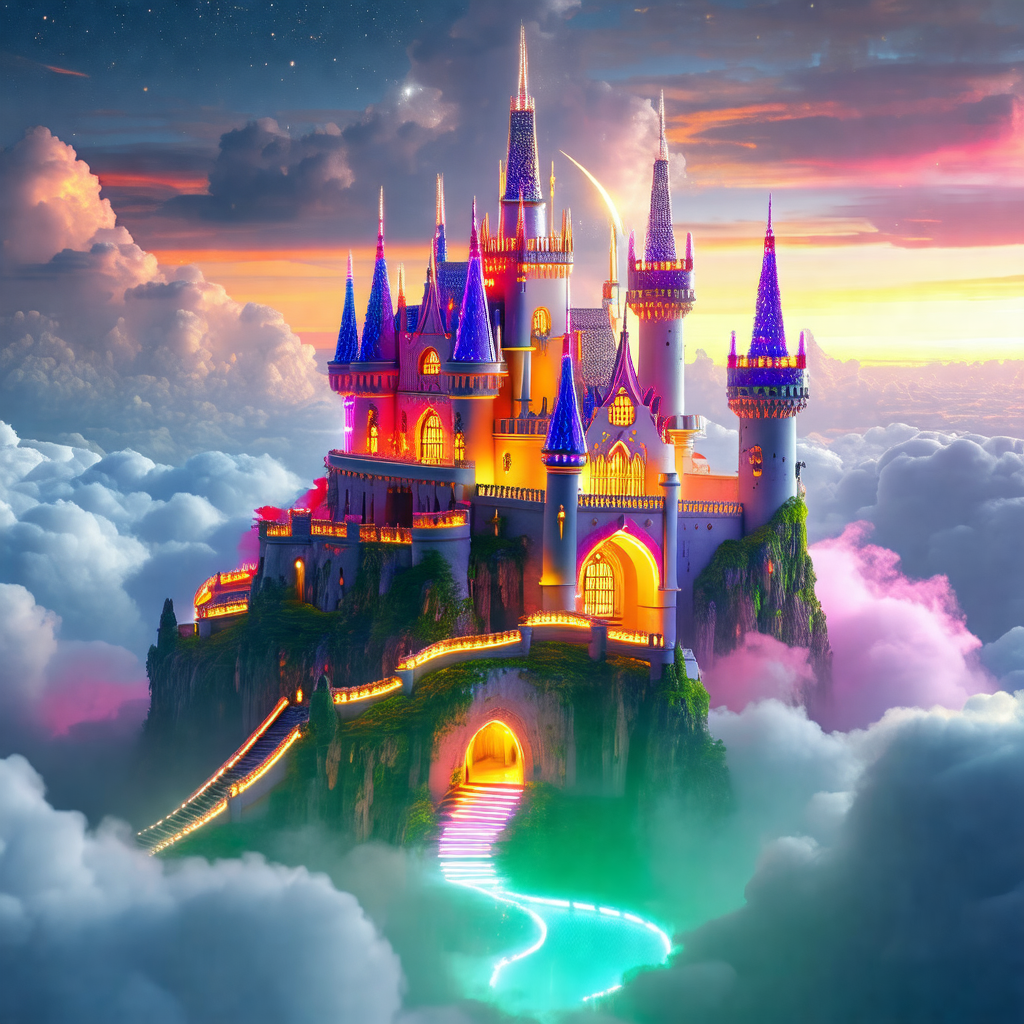 Majestic castle with a long, winding staircase leading up...