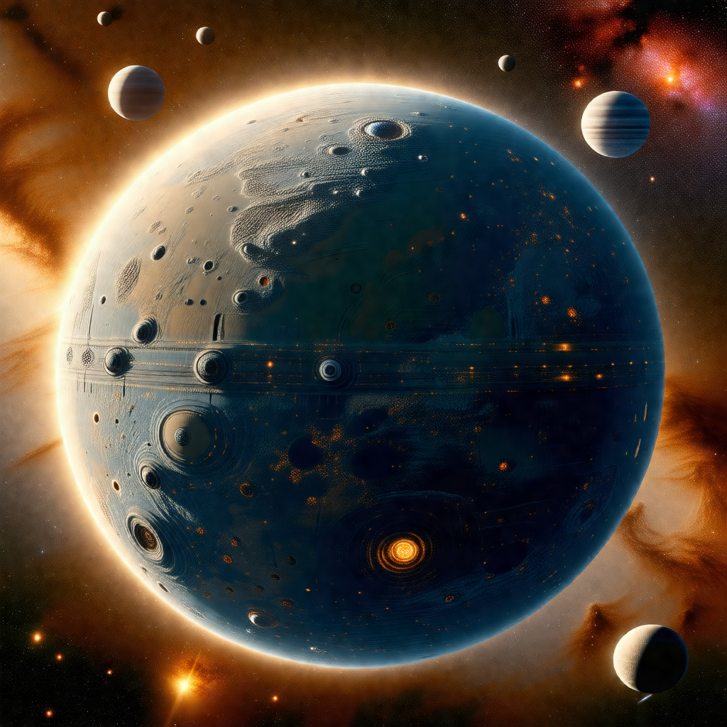 Painting of a blue planet with a ring of planets surround...