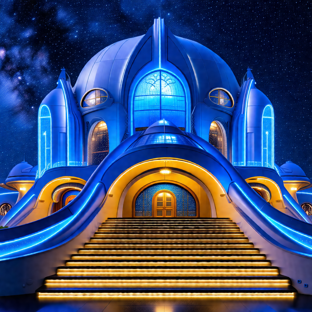 Large, blue, and yellow building with a staircase leading...