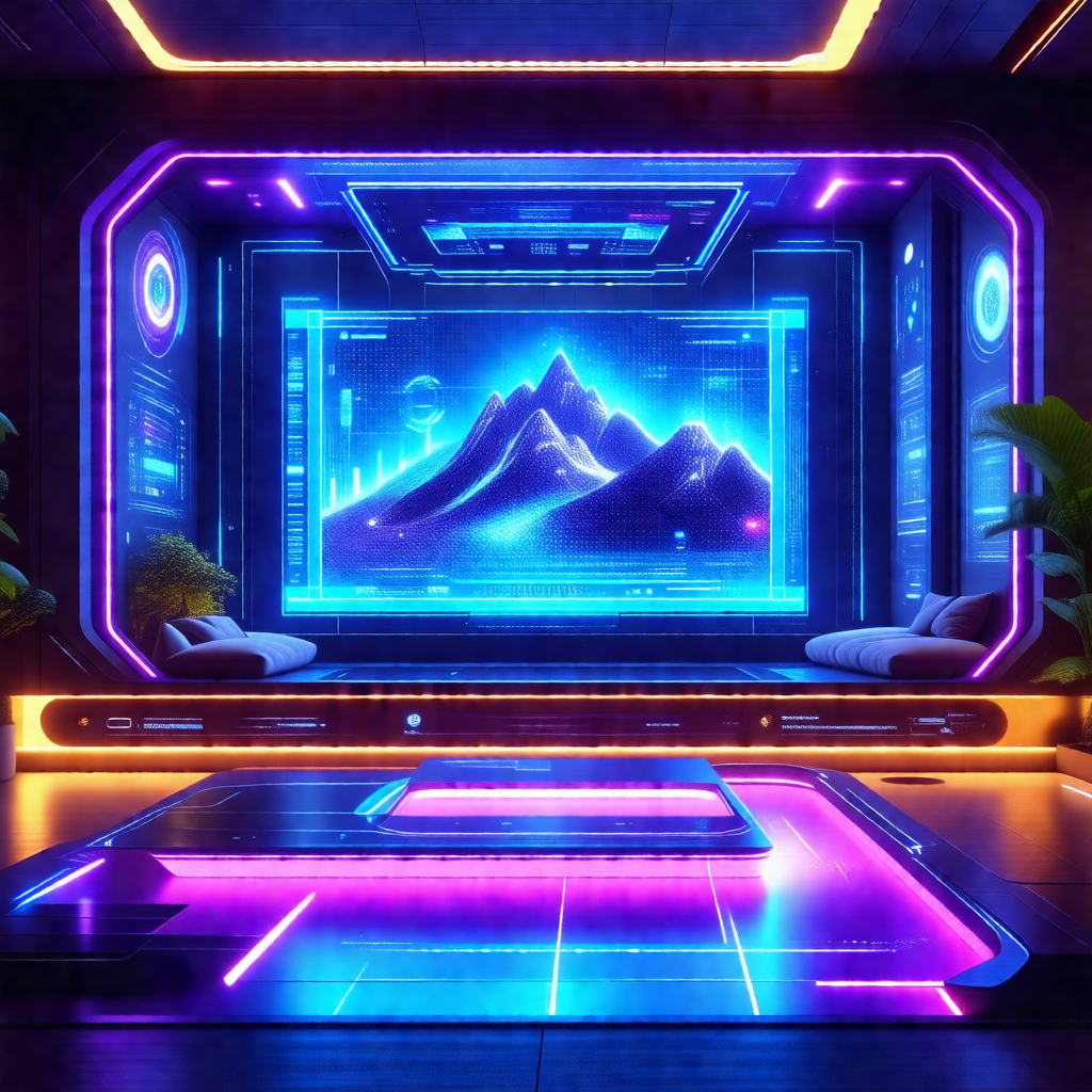 Futuristic room with a purple and blue color scheme