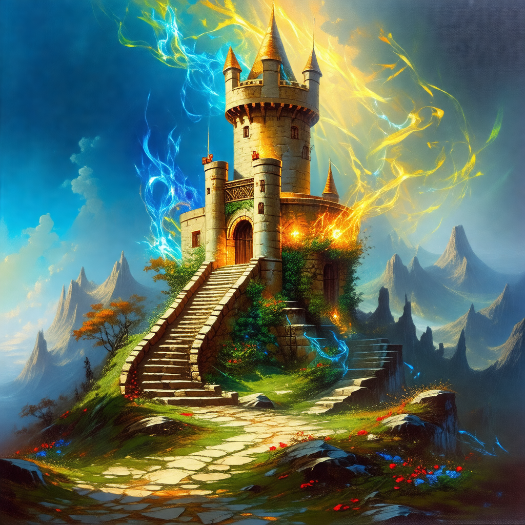 Large, old castle with a tall tower, situated on top of a...