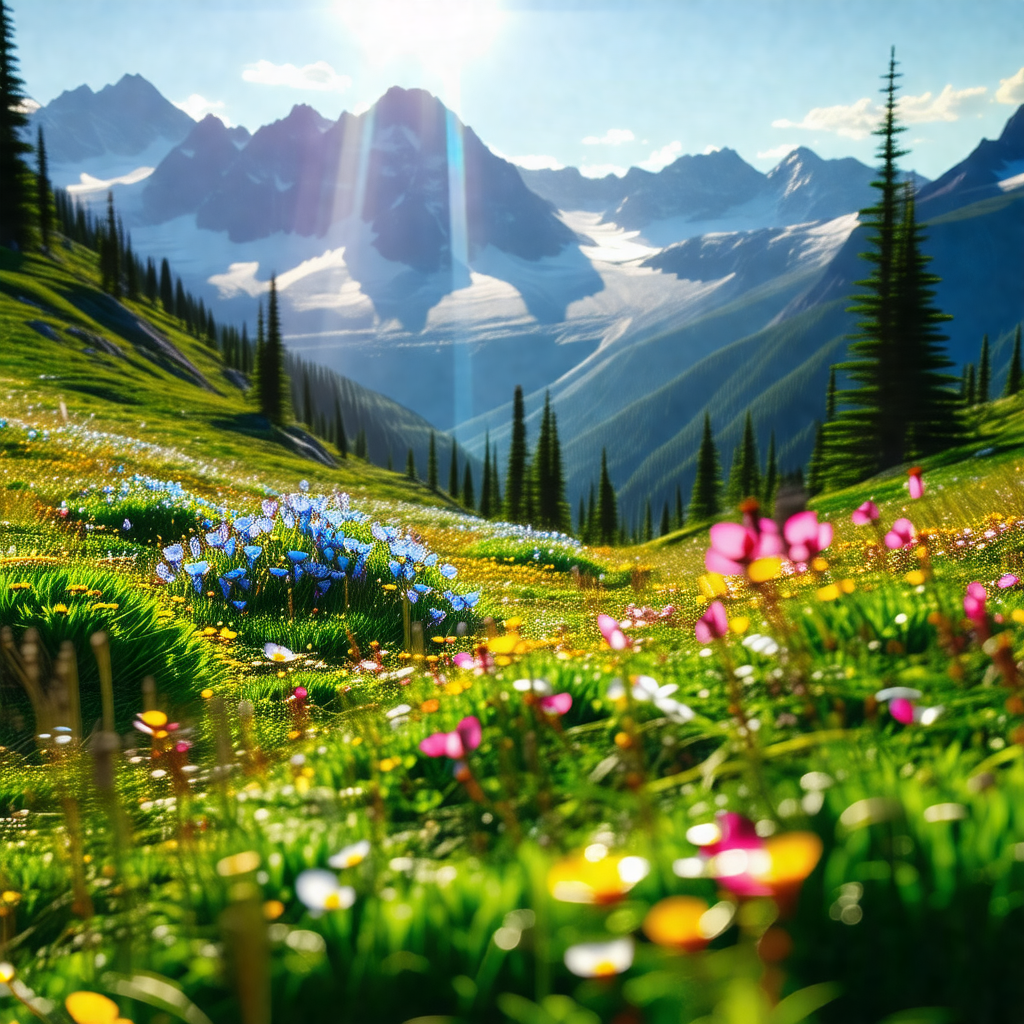 Beautiful, lush green field with a mountain range in the ...