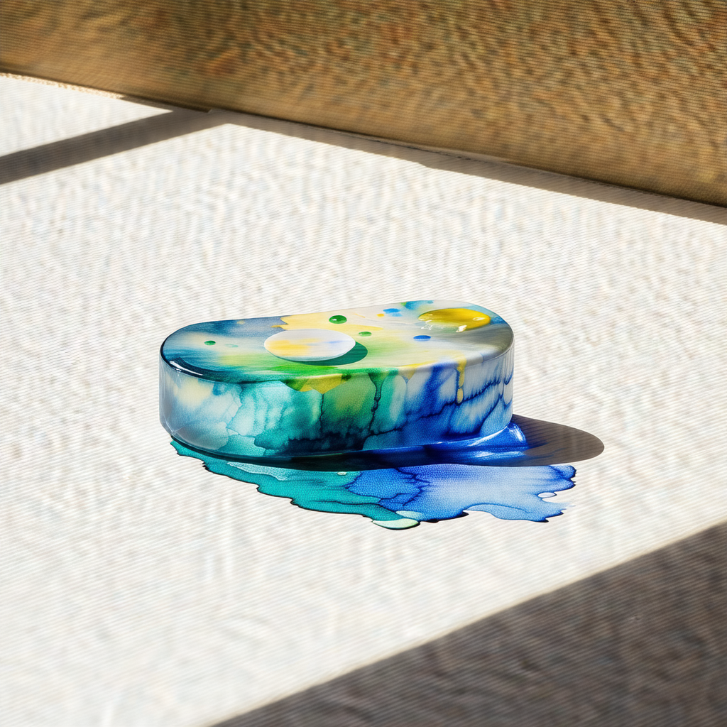 Blue and green glass plate with a yellow center, sitting ...