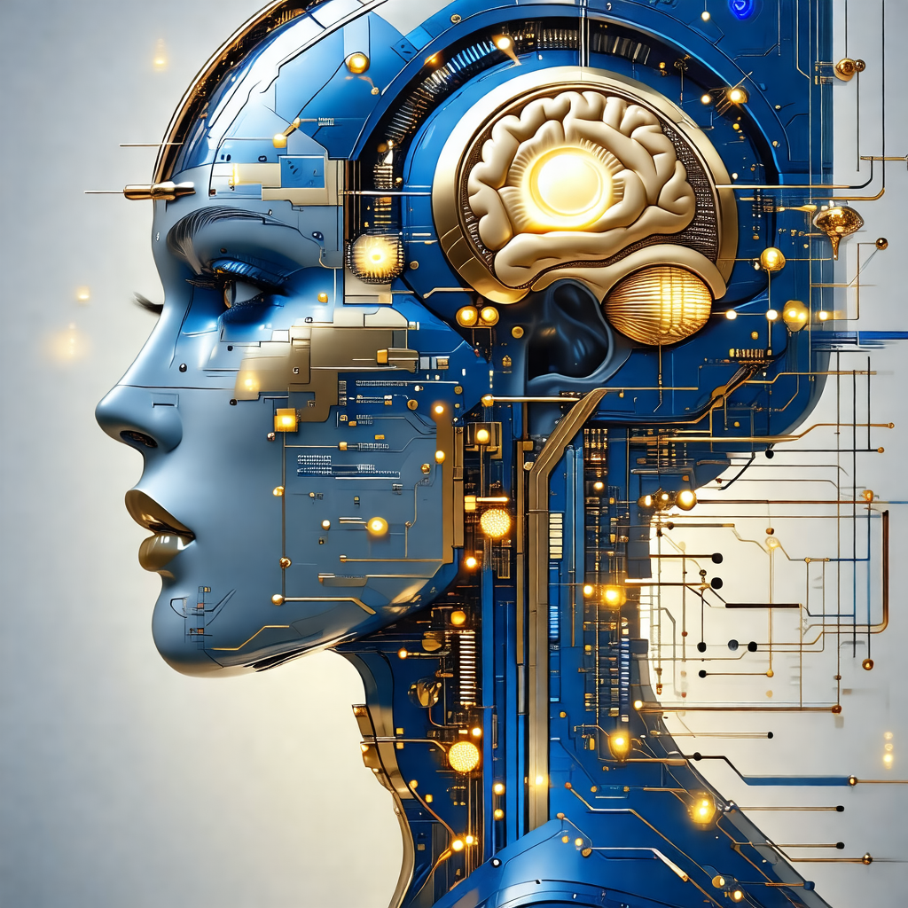 Close-up of a human head, with a blue and gold color scheme