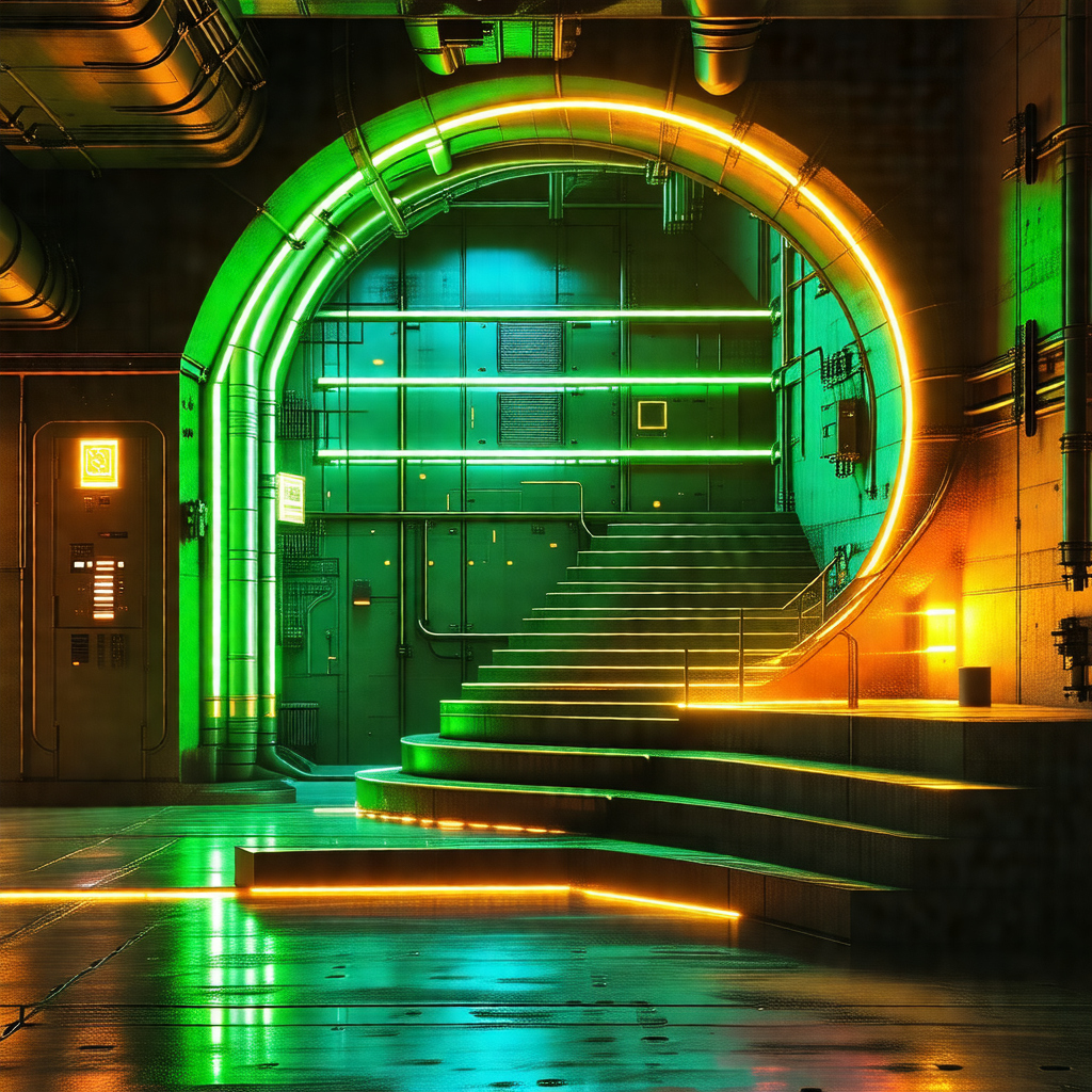 Futuristic, neon-lit room with a spiral staircase in the ...