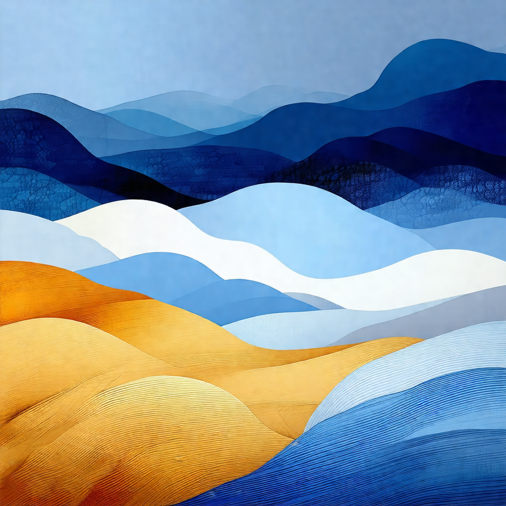 Painting of a mountainous landscape with a blue sky