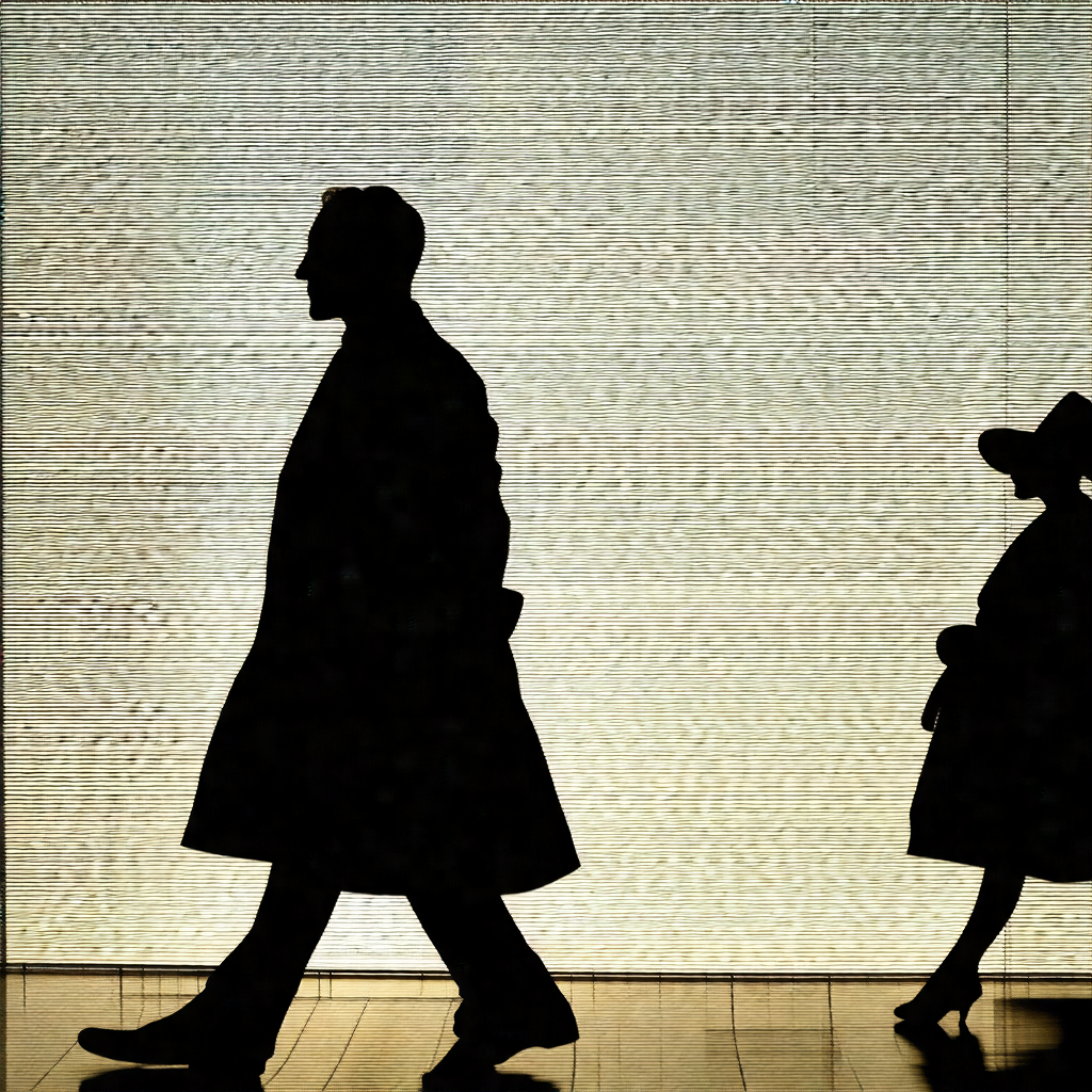 Man and a woman walking down a hallway