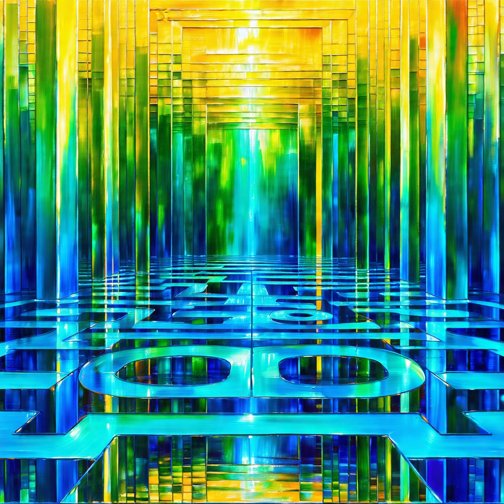 Colorful, abstract painting of a hallway with a blue floor