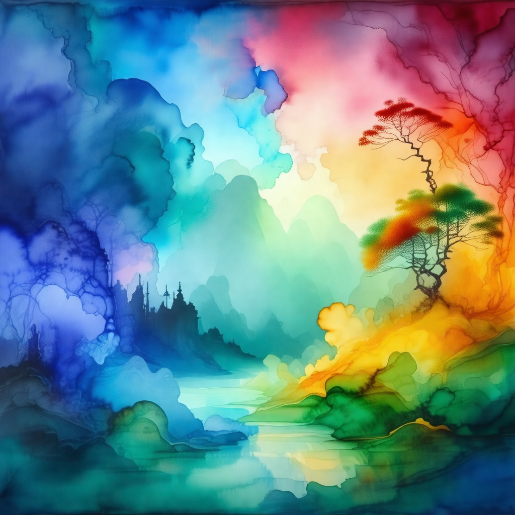 Painting of a tree in a colorful landscape