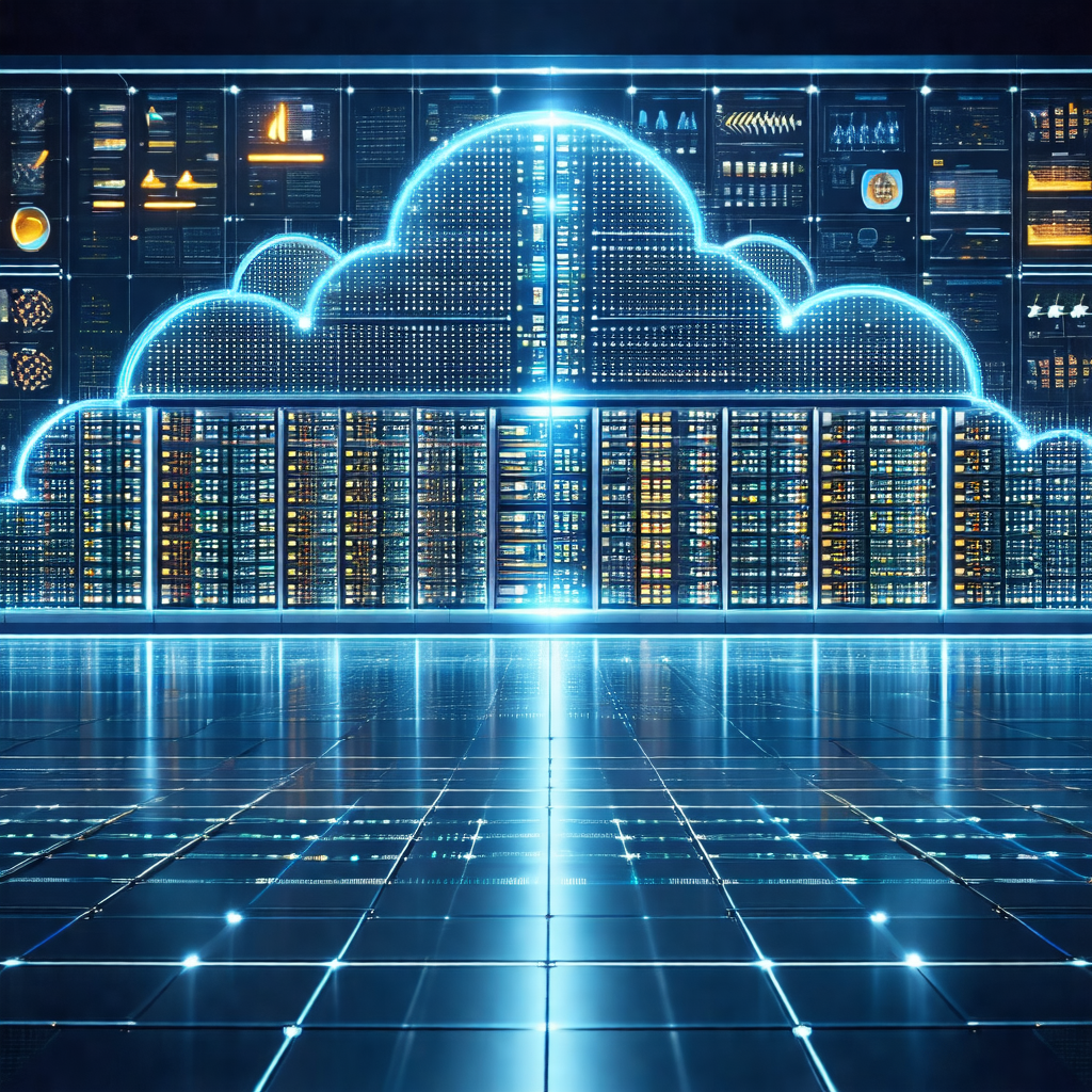 Futuristic computer server room with a large, blue cloud-...