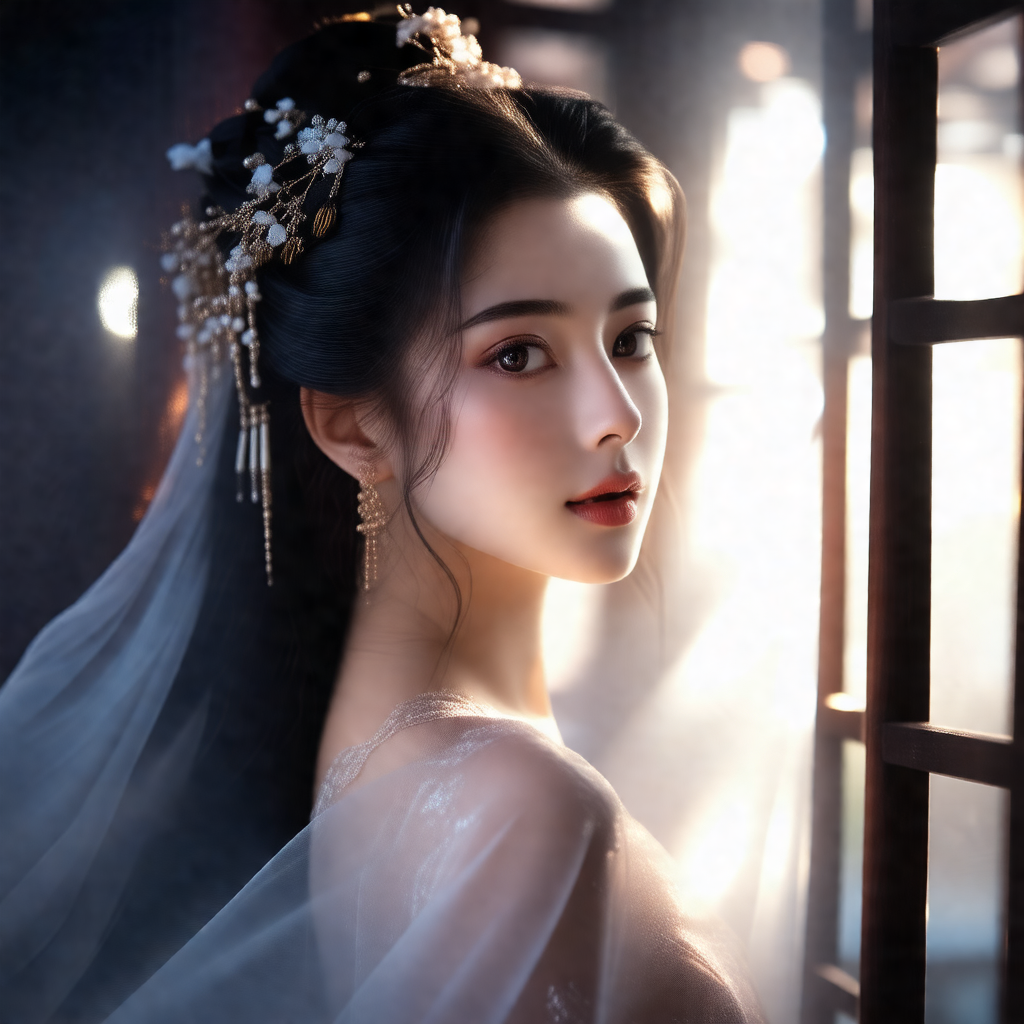 Beautiful young woman with long hair, wearing a white veil