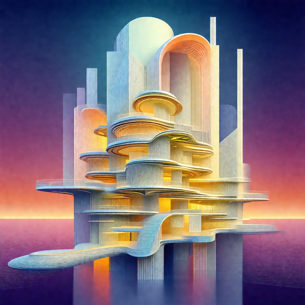 Blue and white drawing of a futuristic building