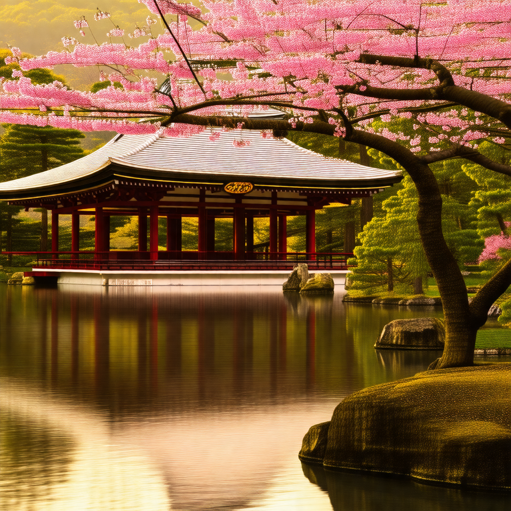 Beautiful japanese garden with a pagoda-style building in...
