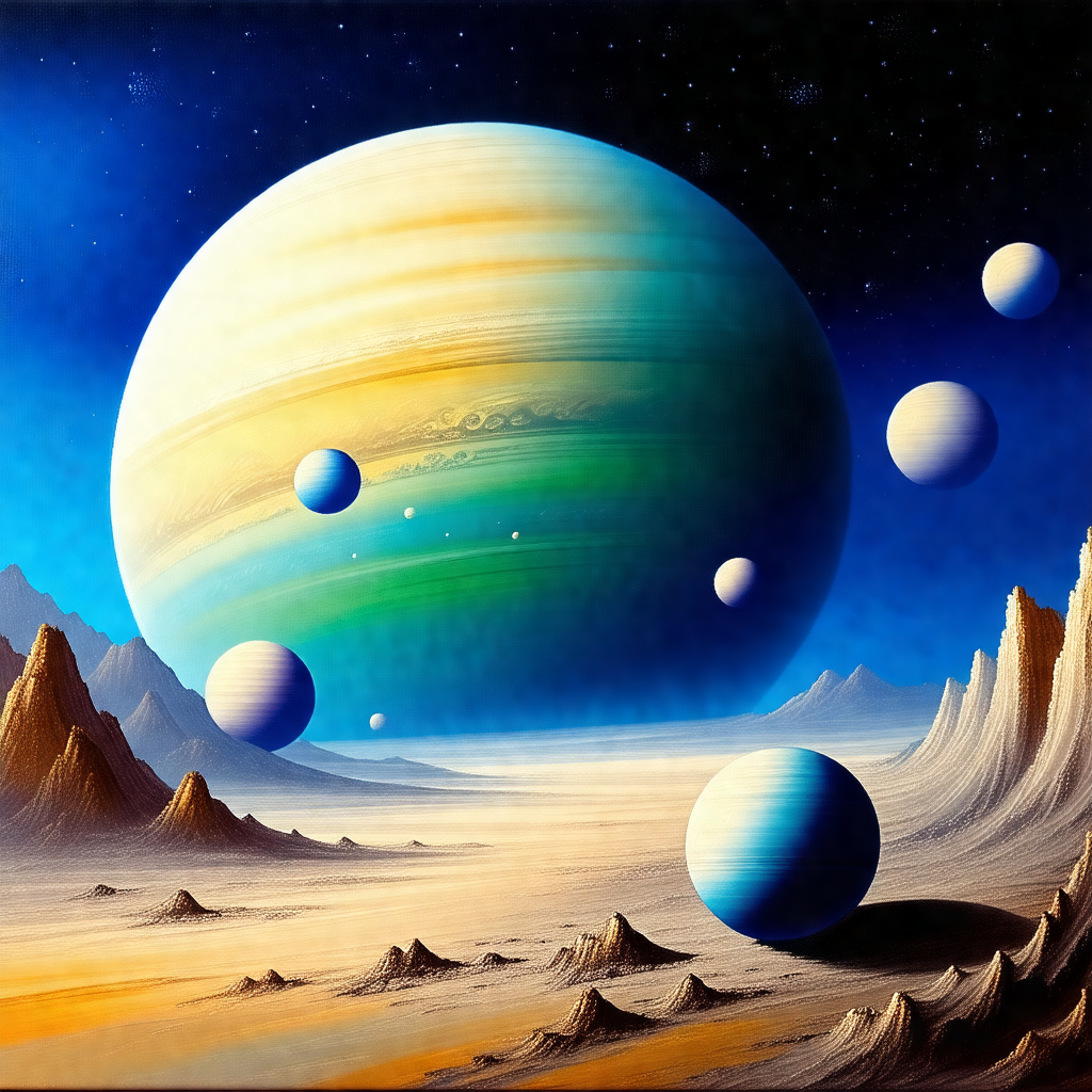 Beautifully painted scene of a planet with a large, color...