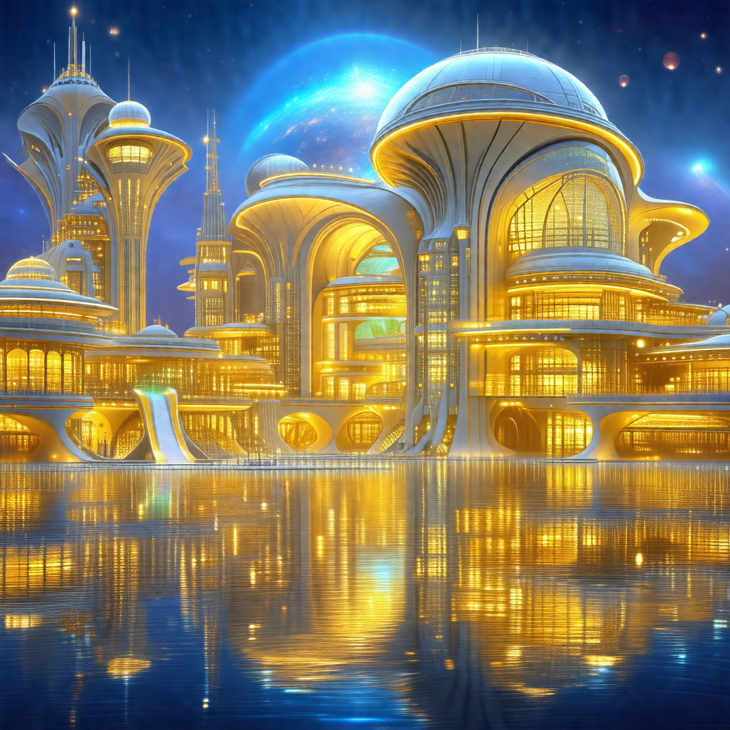 Futuristic city with a large, shiny building situated on ...