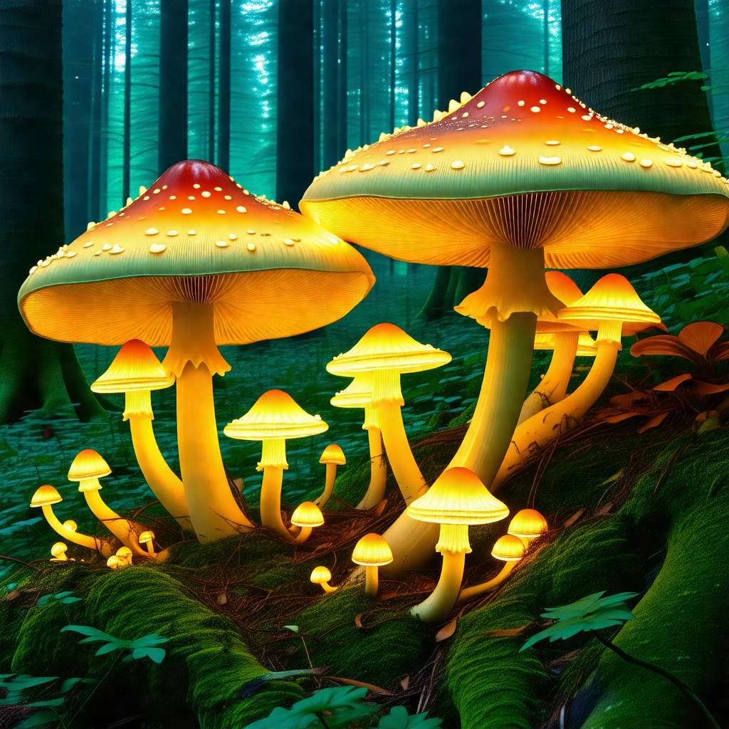 Forest with two large, brightly lit mushrooms standing ou...