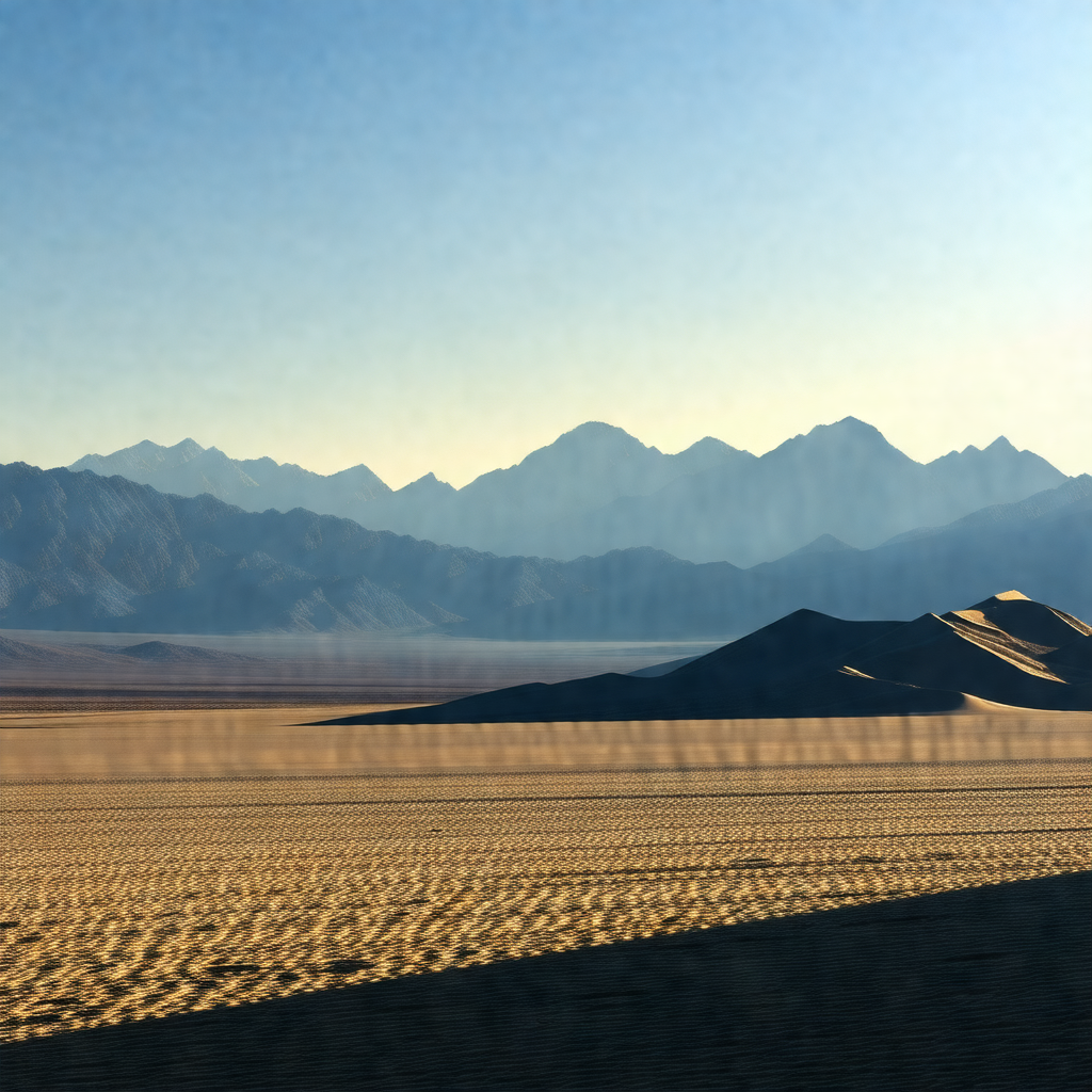 Large sandy desert with a mountain range in the background