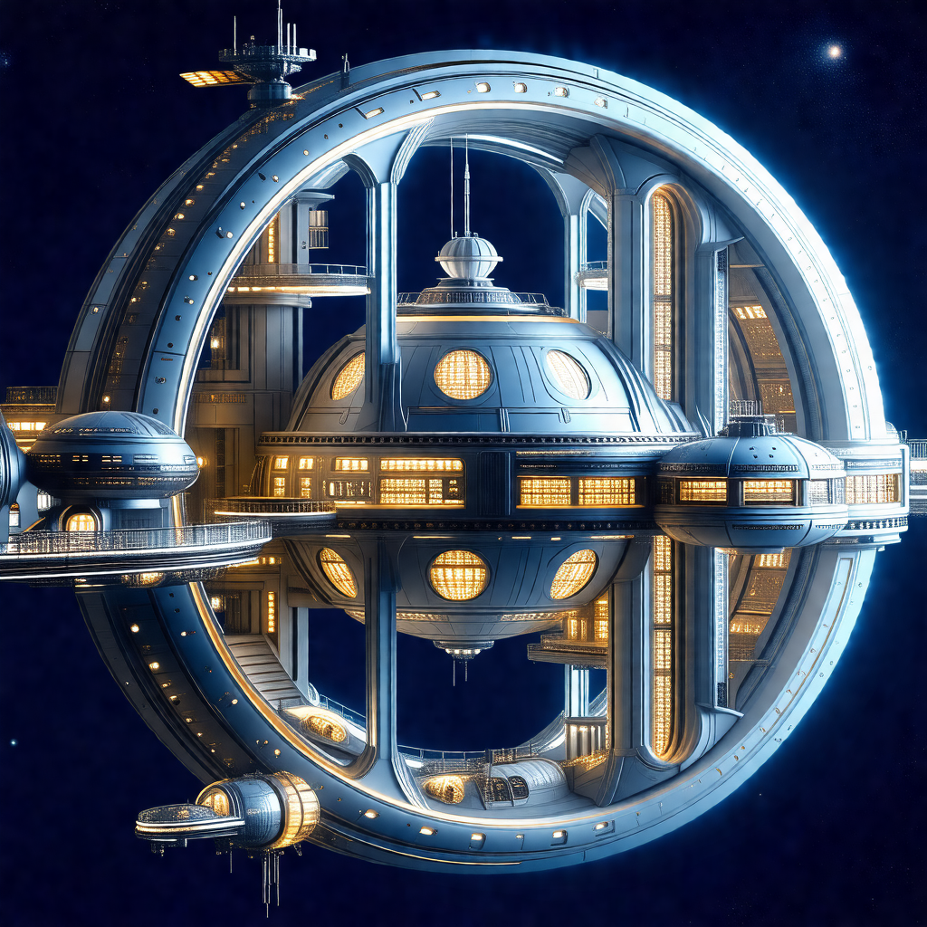 Futuristic drawing of a large, round space station