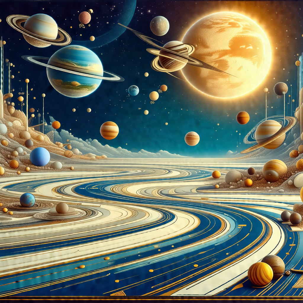 Painting of a galaxy with various planets and moons