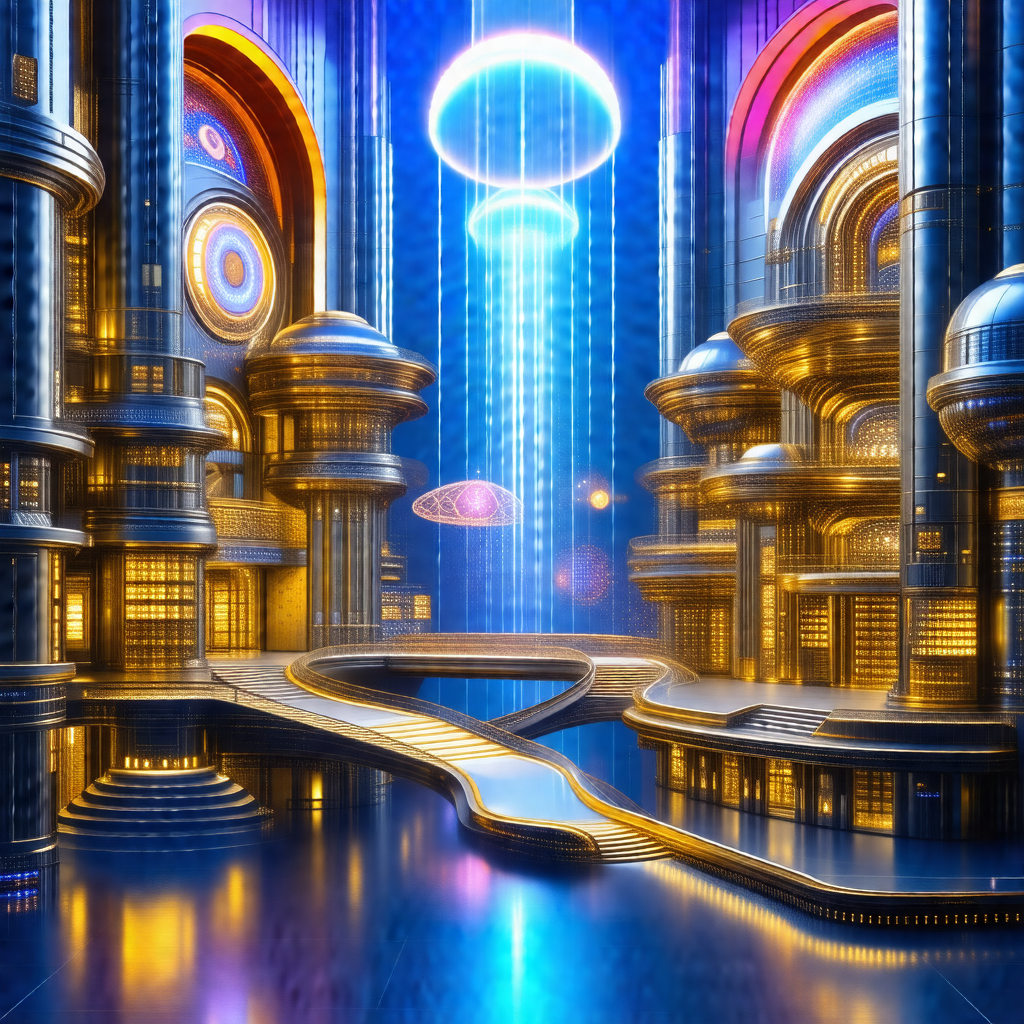 Futuristic cityscape with a large, shiny building in the ...