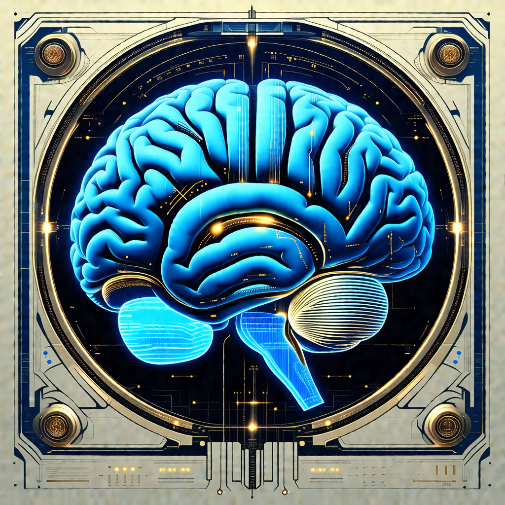 Close-up of a human brain, with a blue and gold color scheme
