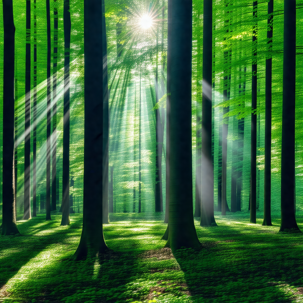 Lush green forest with a bright sun shining through the t...
