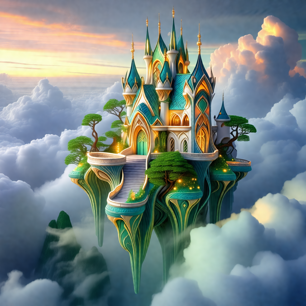Beautifully designed castle floating in the air, surround...