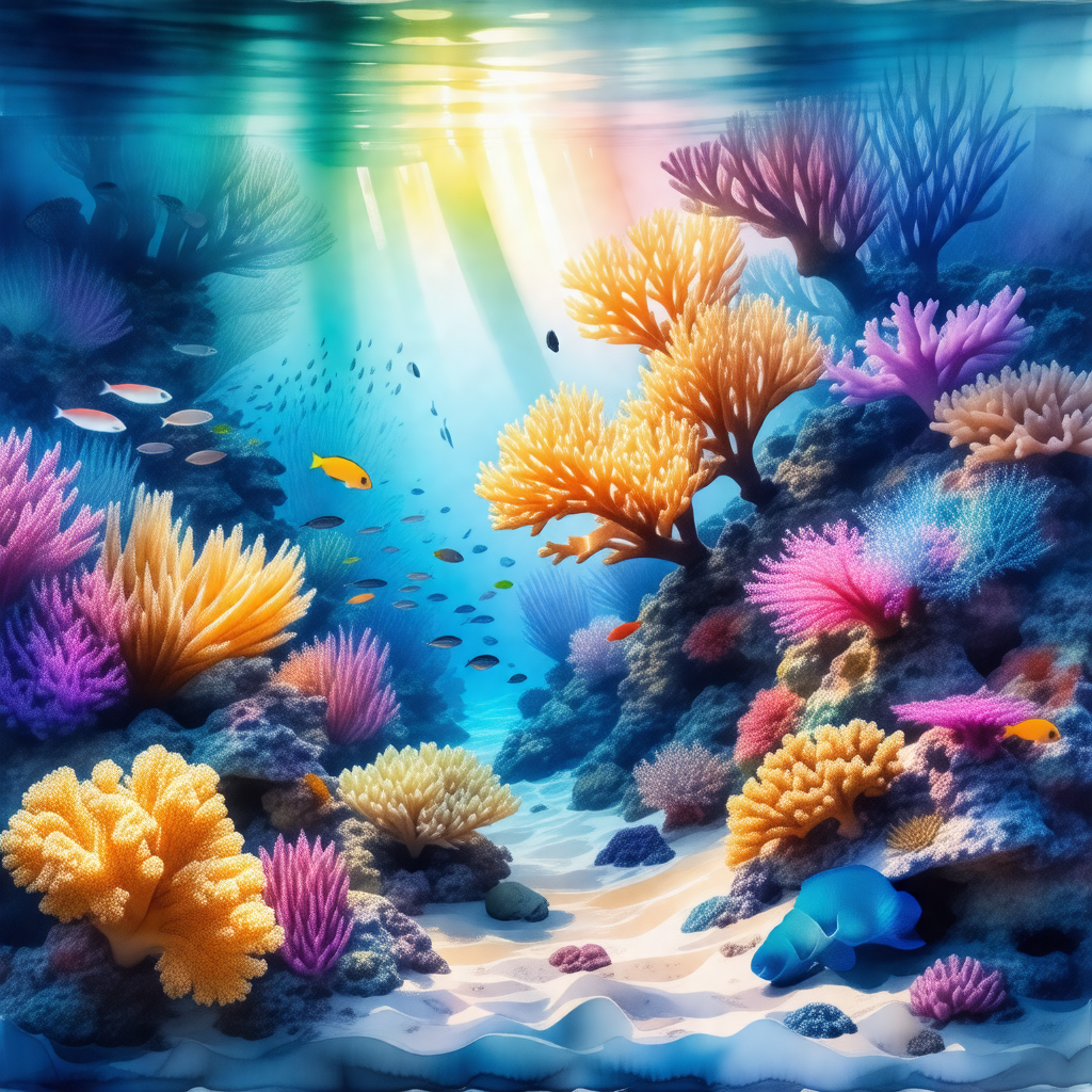 Colorful and vibrant underwater scene featuring a variety...